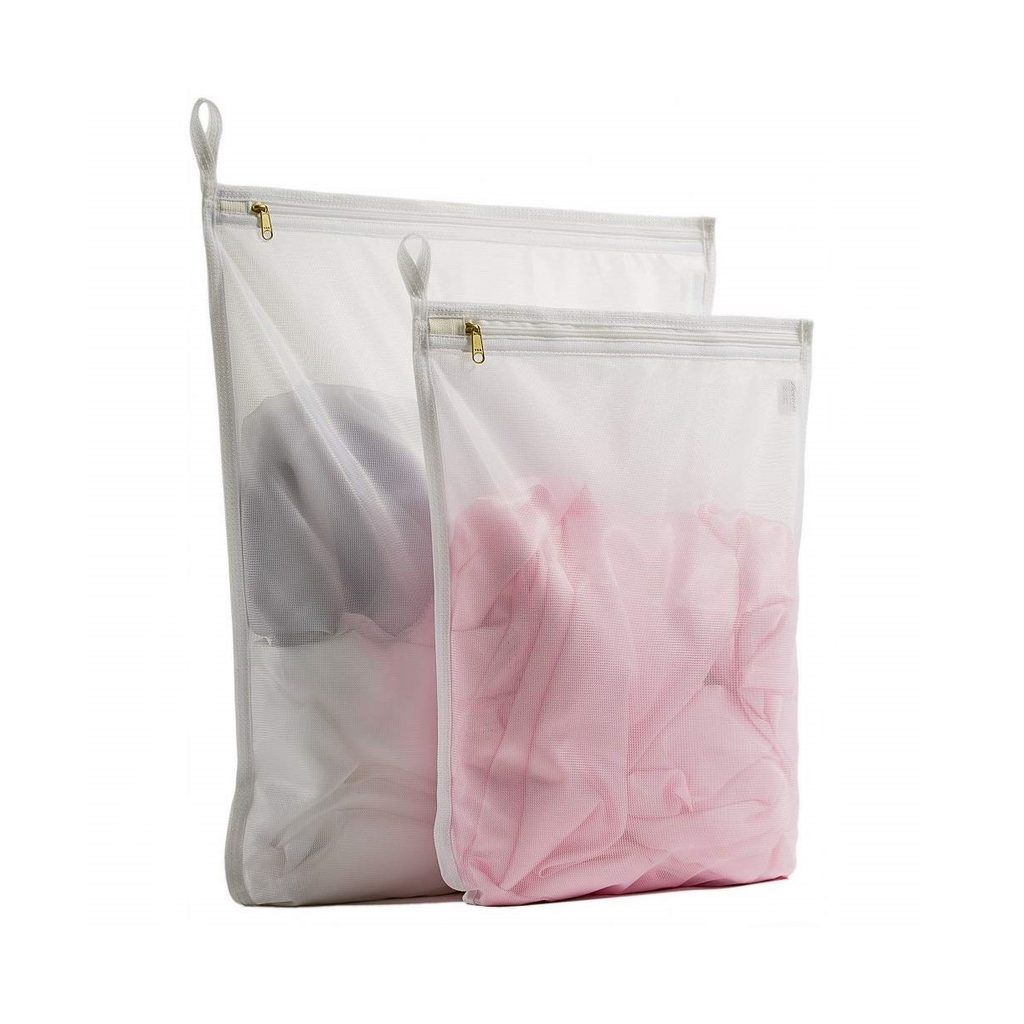 Two Tenrai Delicates Laundry Bags with clothes in them on white background.