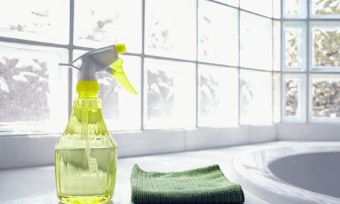 cleaning solution and cloth on coutnertop