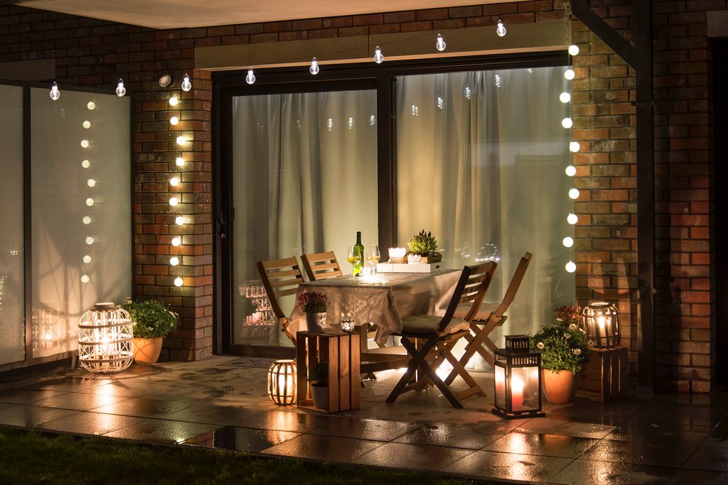 small patio with string lights