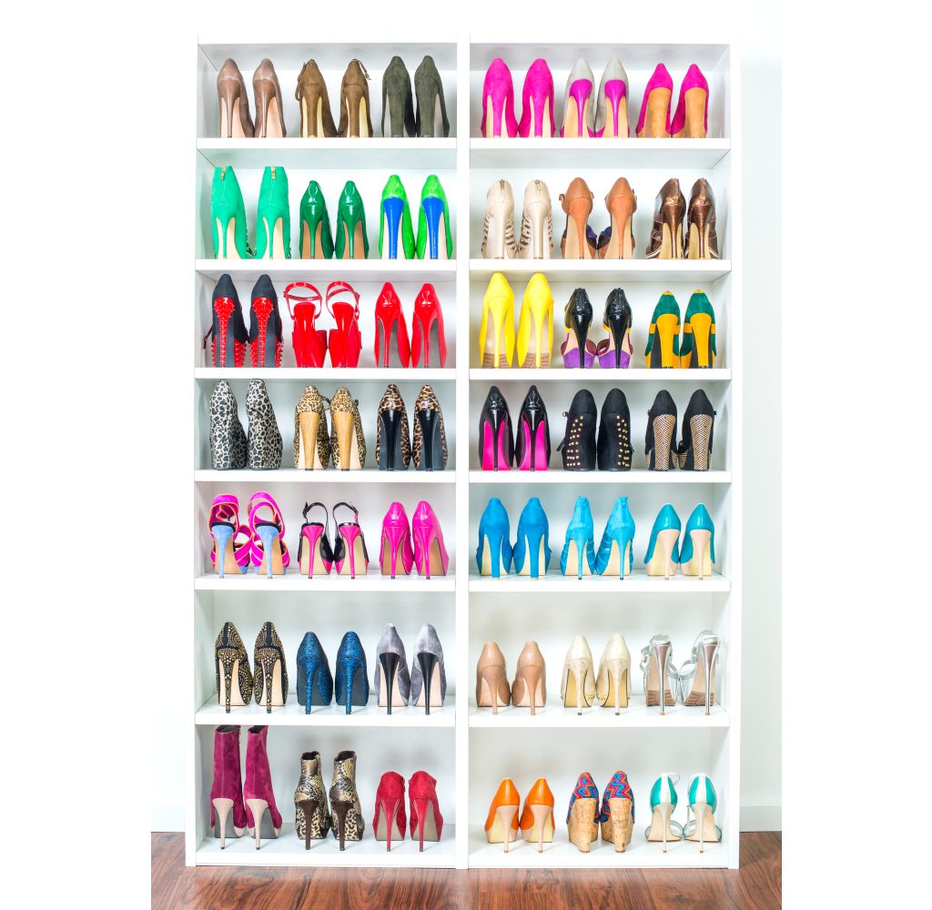 large shoe rack with multiple colorful shoes