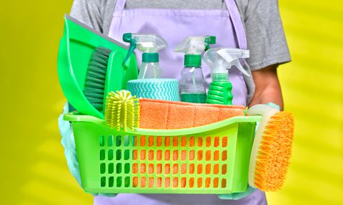 Person holding cleaning supplies