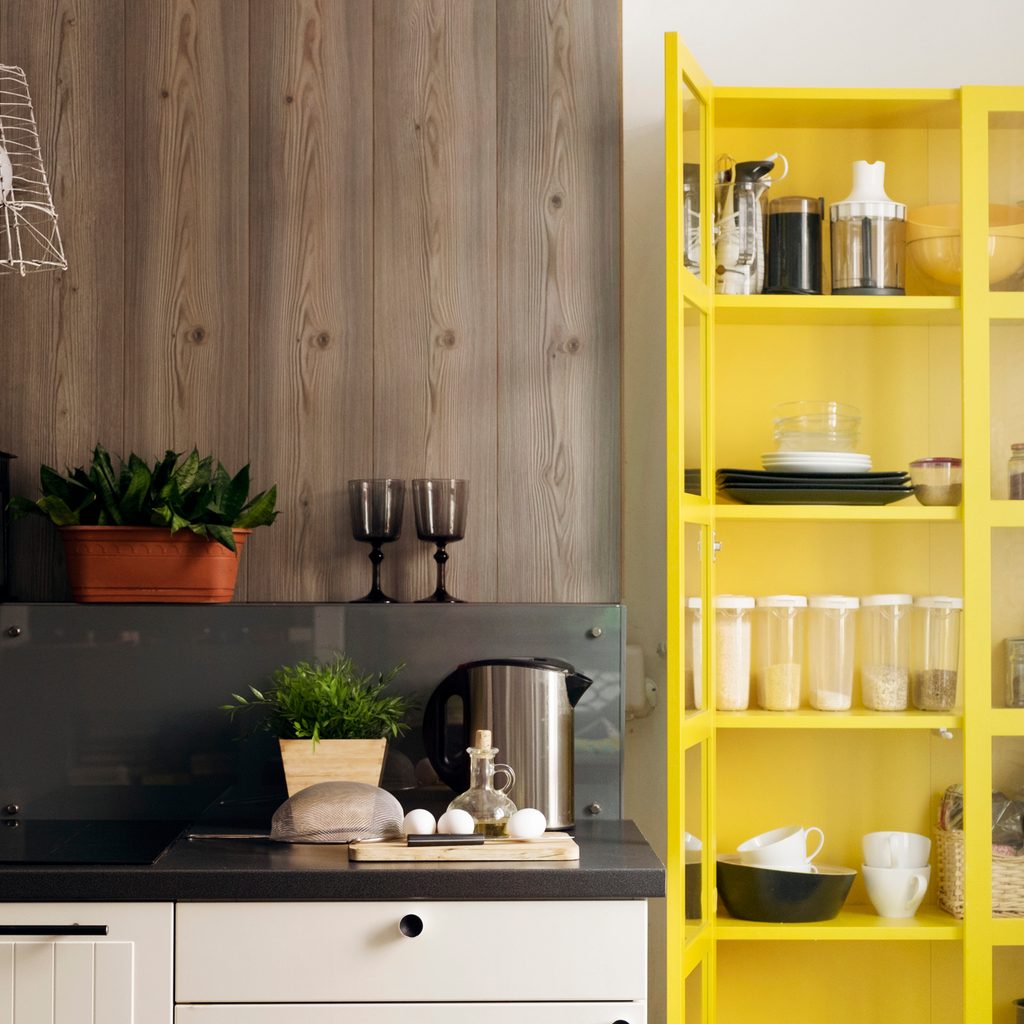 kitchen with yellow shelf