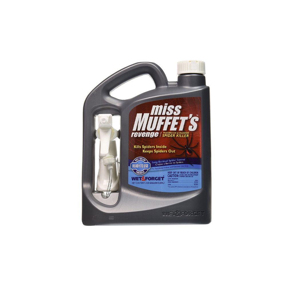 Bottle of Miss Muffet's Revenge Spider Killer on white background