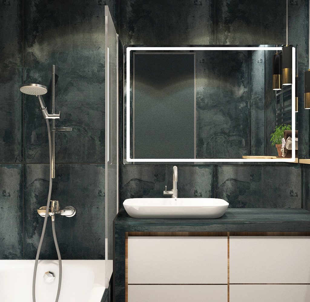A dark-tiled bathroom
