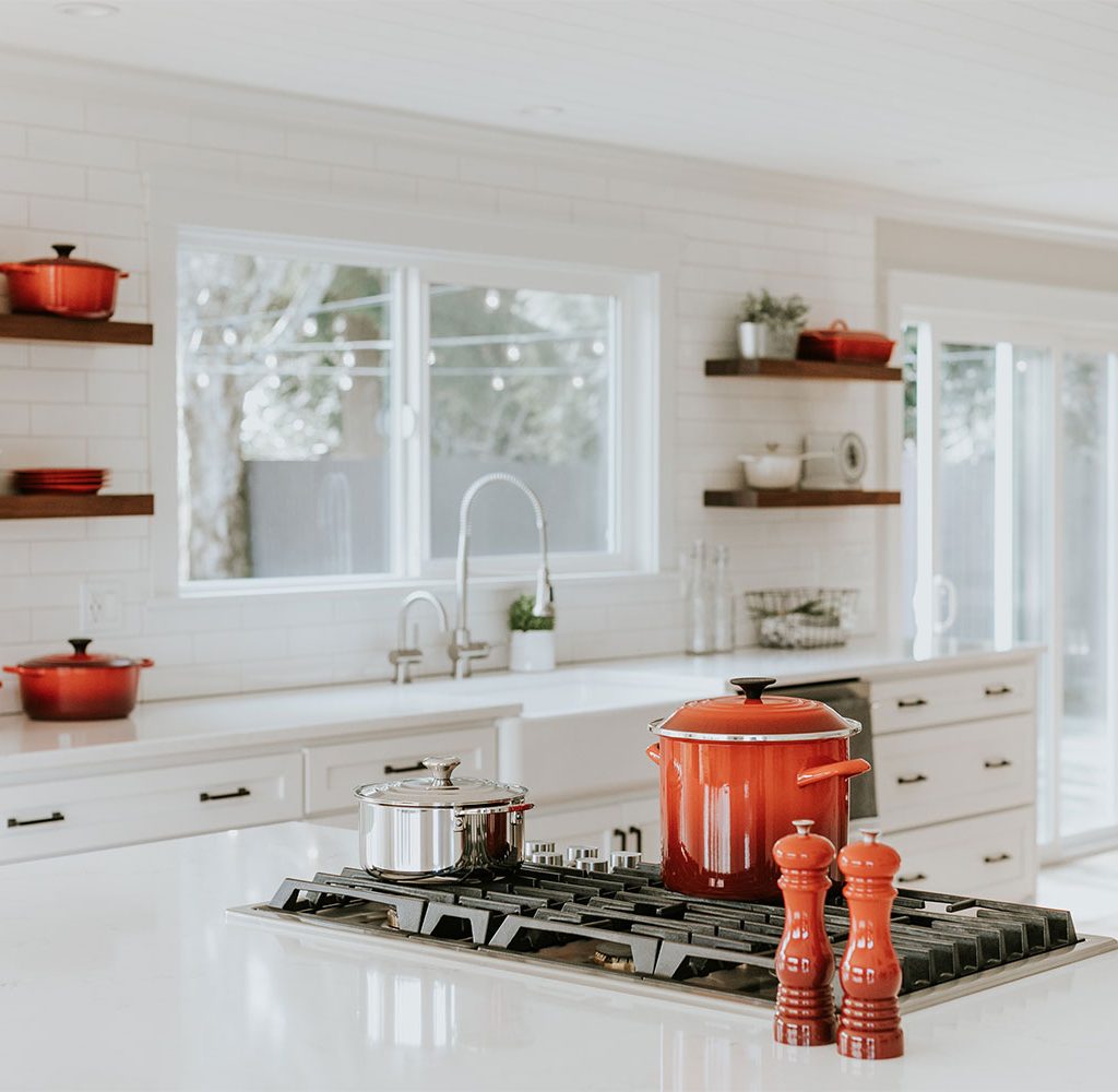 open shelves in kitchen with kitchenware