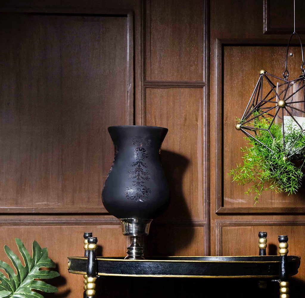 Hanging plant in front of wood panels