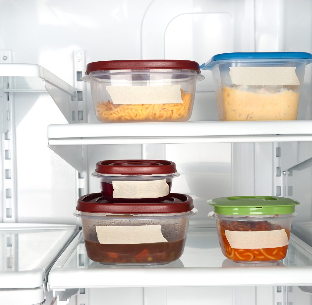 Labeled leftover containers in the fridge