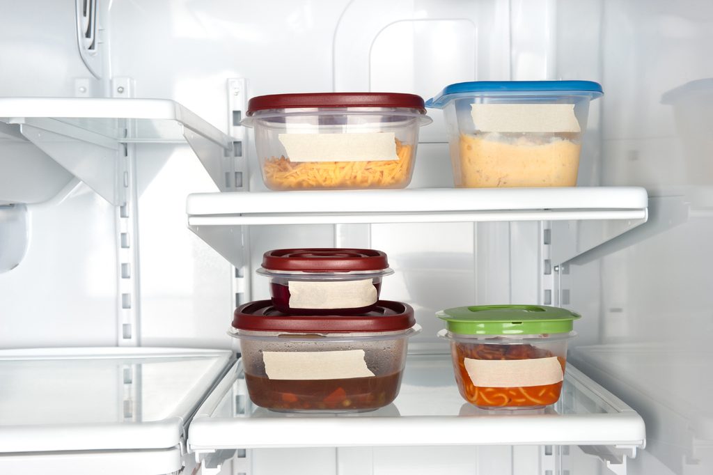 Labeled leftover containers in the fridge