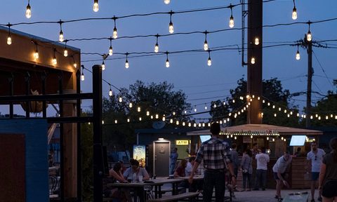 evening with string lights on patio