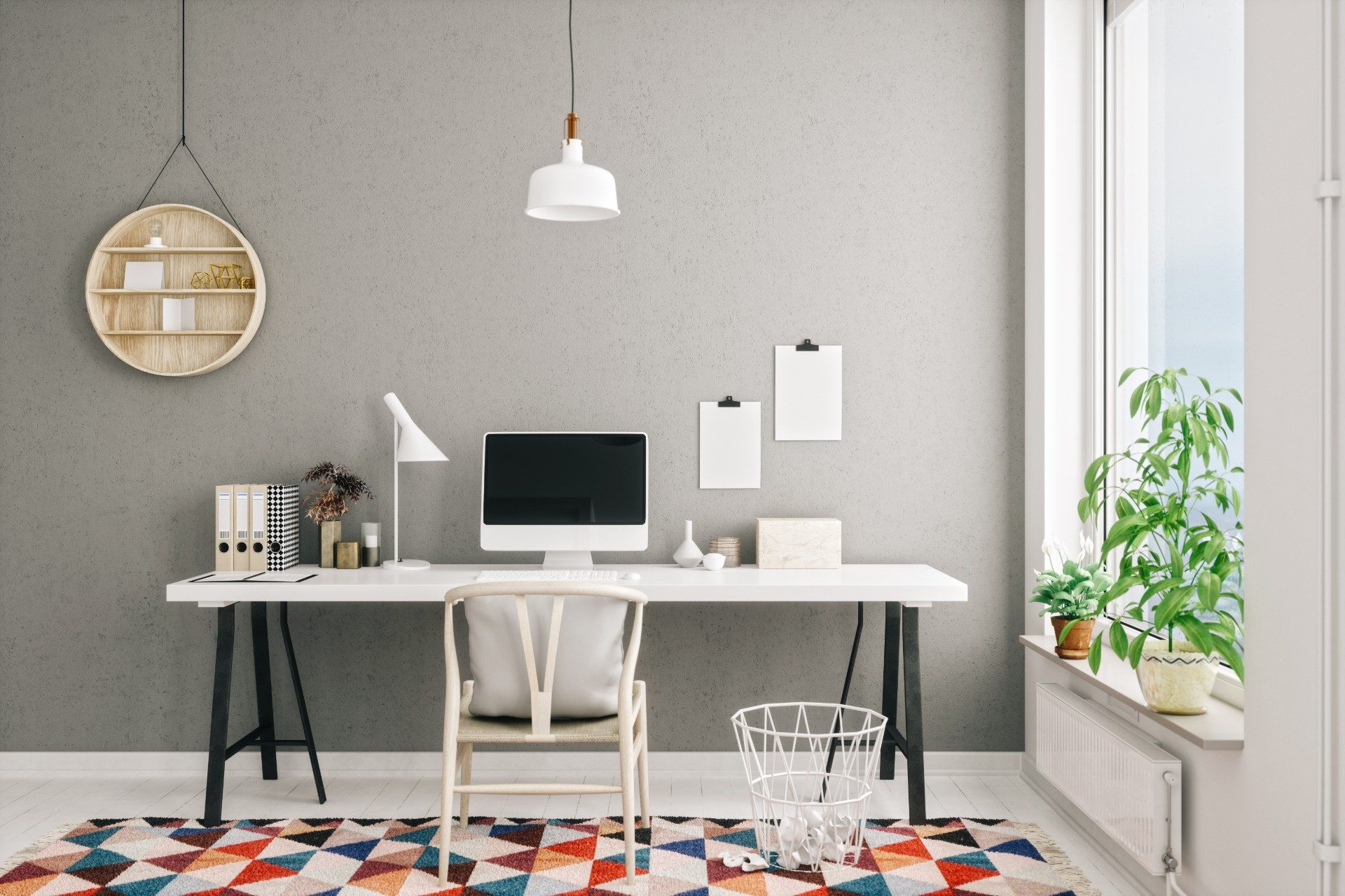 Home office with gray wall