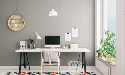 Home office with gray walls and a plant