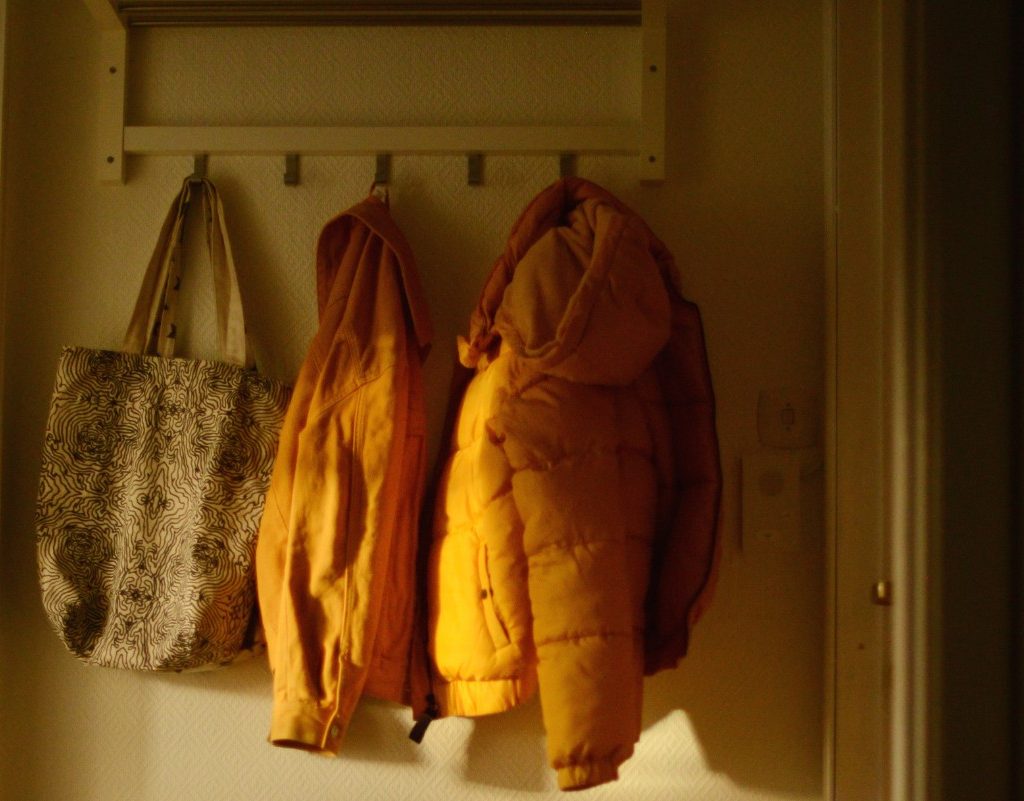 Wall hooks holding coats and bag