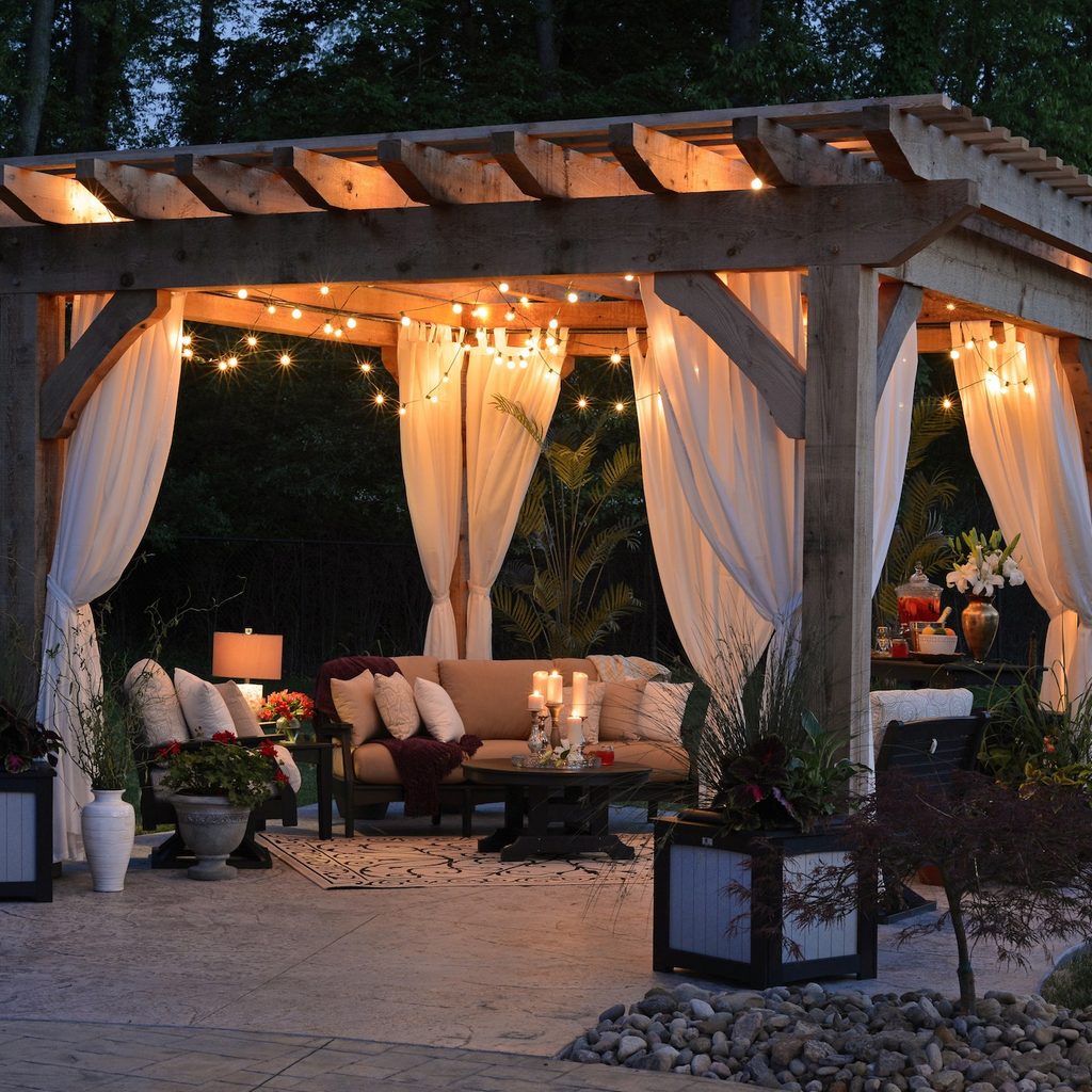 Outdoor patio in evening with twinkle lights
