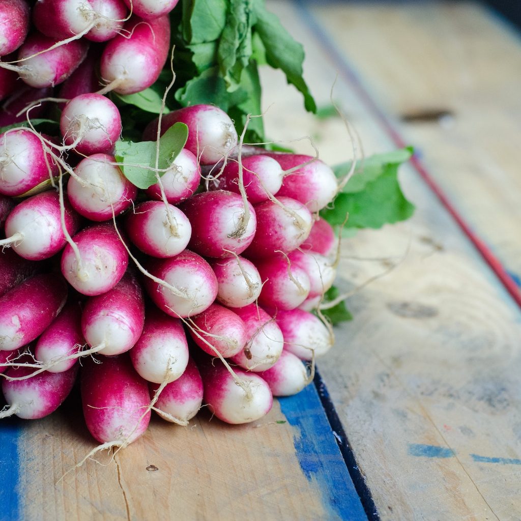 radish bunch on wood panels