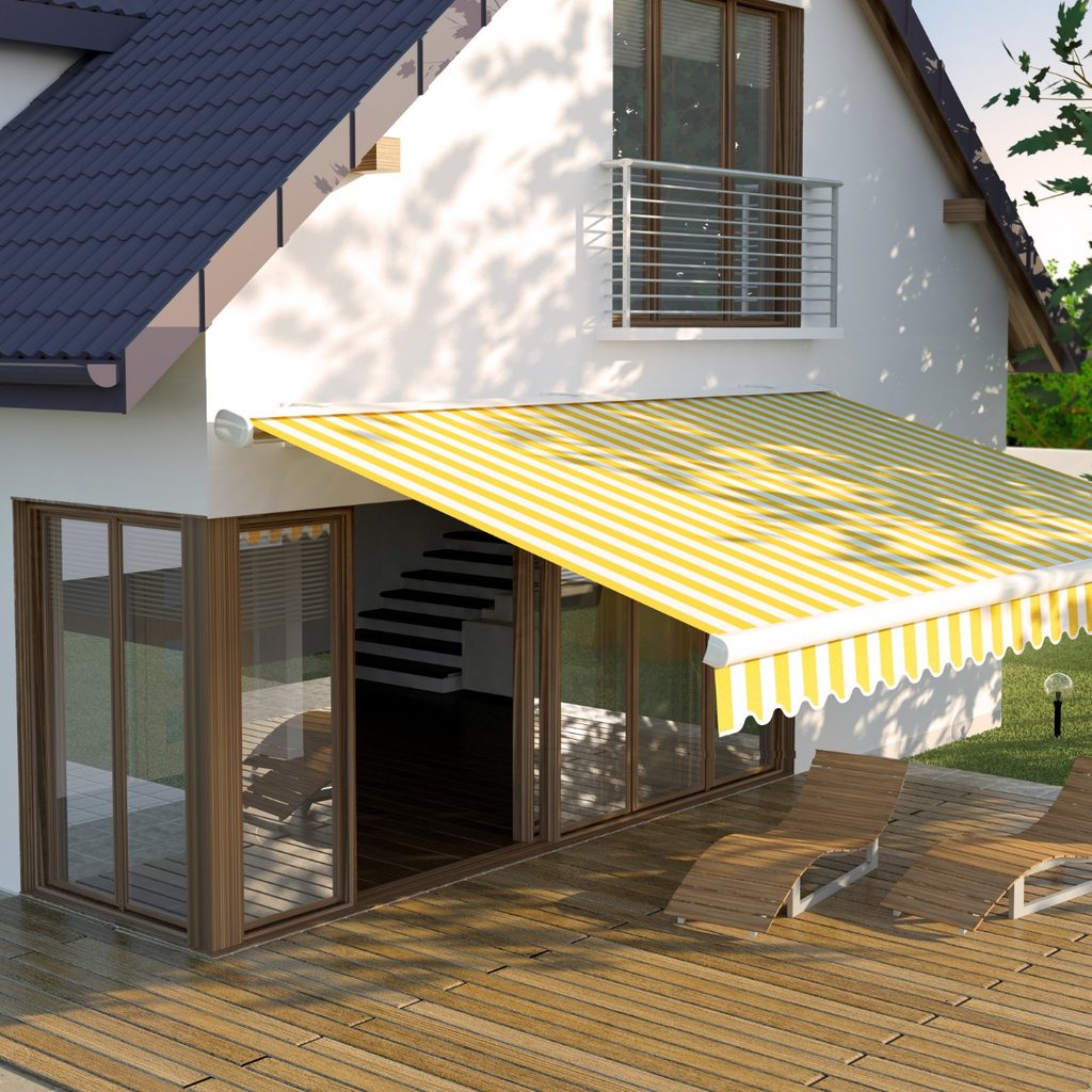 House with awning with yellow stripes
