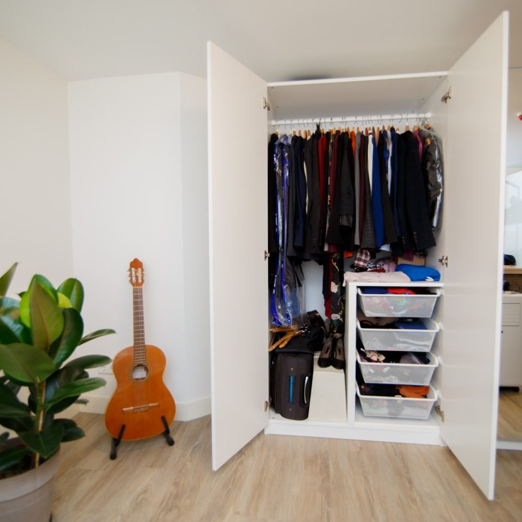 Closet with clothes and guitar in corner with plant