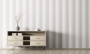 Gray vertical wallpaper in room