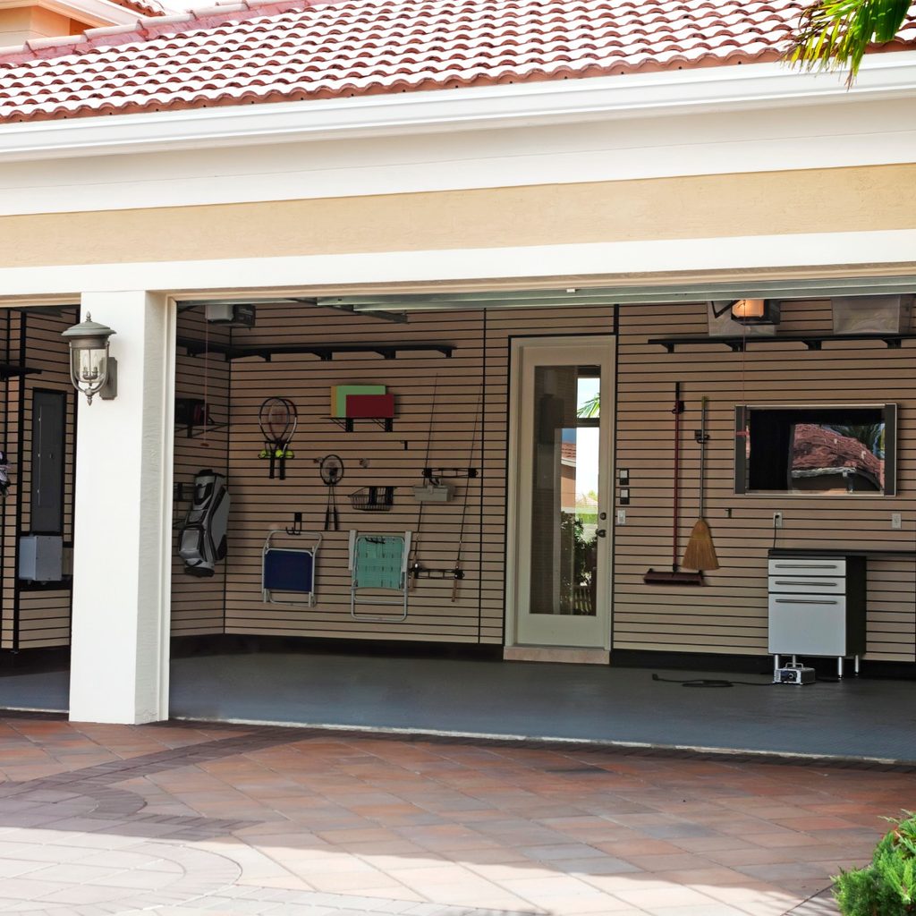 Well-organized garage with painted floor