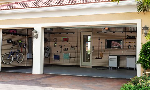 Well-organized garage with painted floor