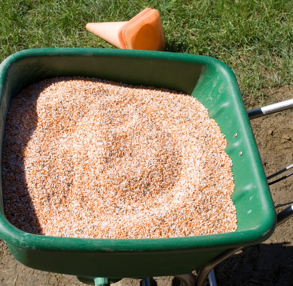 lawn fertilizer in wheel barrow