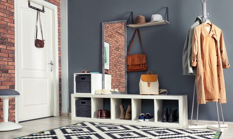 Home entryway with rug, mirror, and coat rack