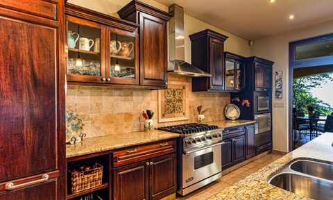 Kitchen with brown cabinets