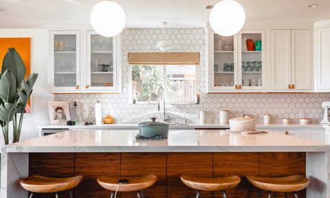kitchen with glass-front cabinets