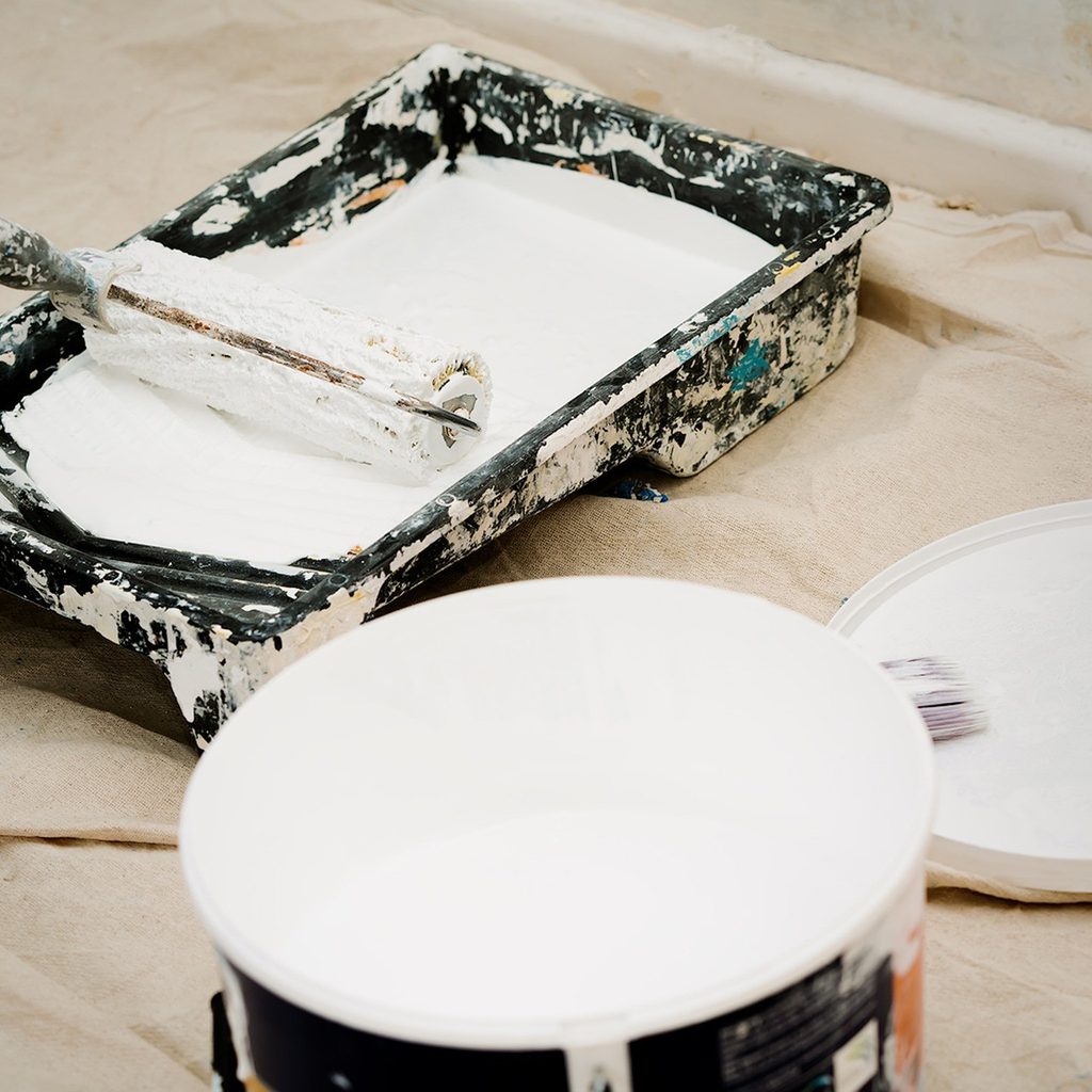 Paint holder with roller and can