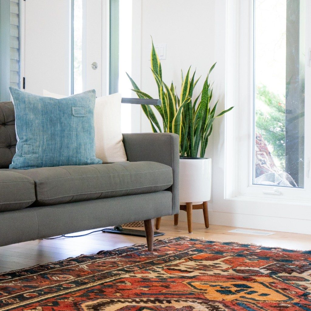 Gray sofa on multicolored rug