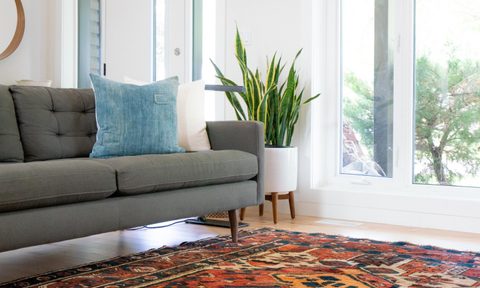 Gray sofa on multicolored rug