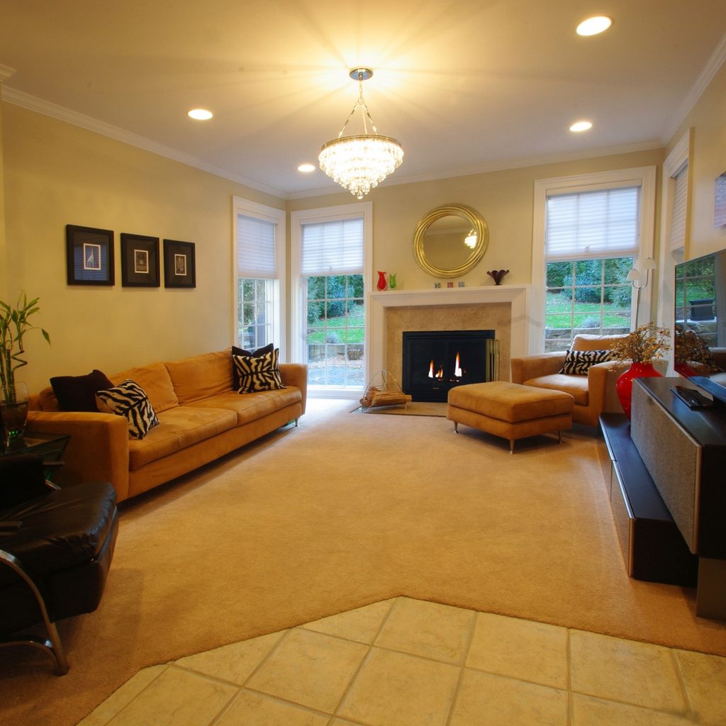 Living room with fancy furniture, fireplace, and crown molding