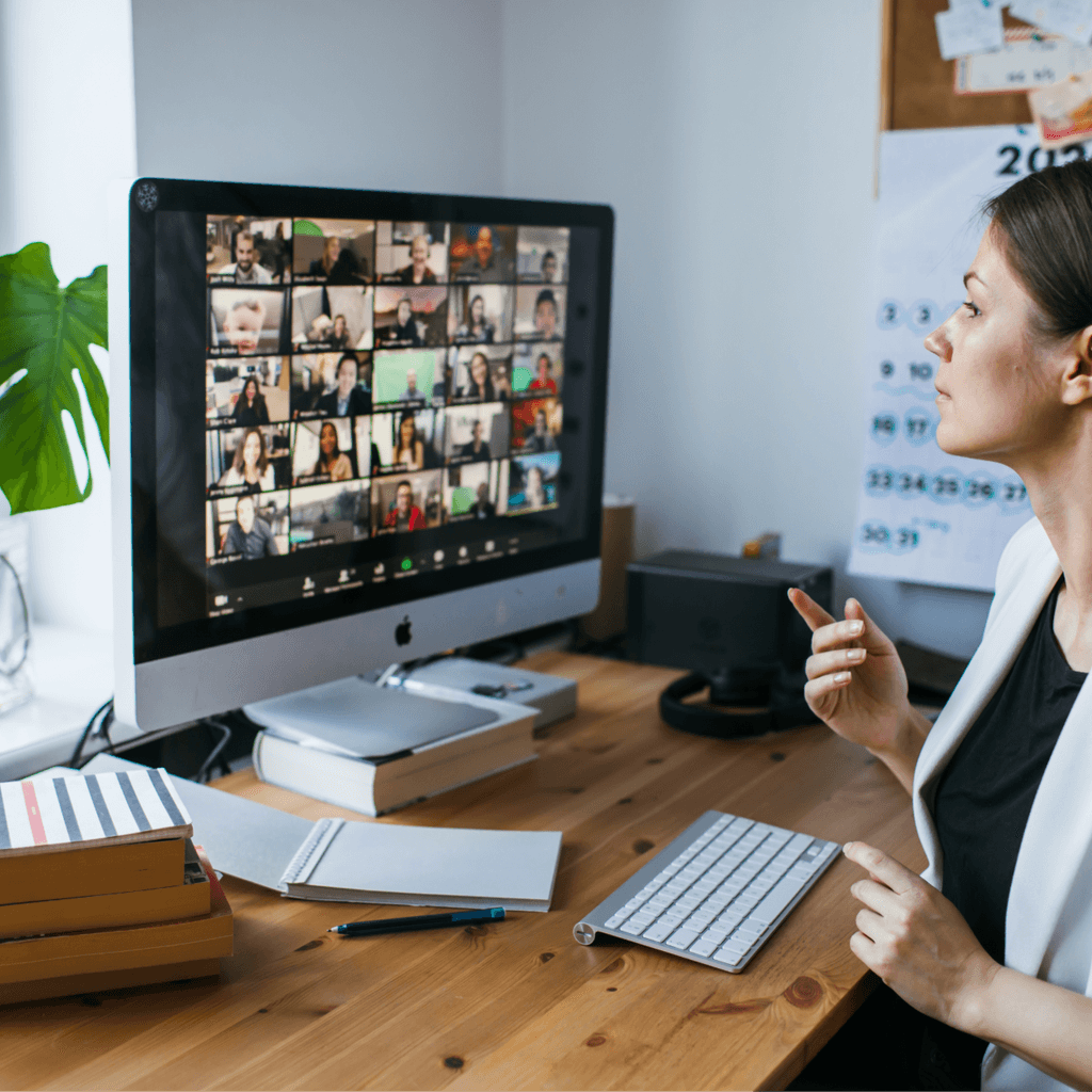 Woman at teleconference working at home