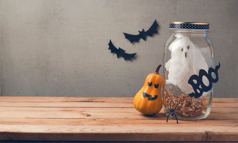 halloween decoration with bats and pumpkin