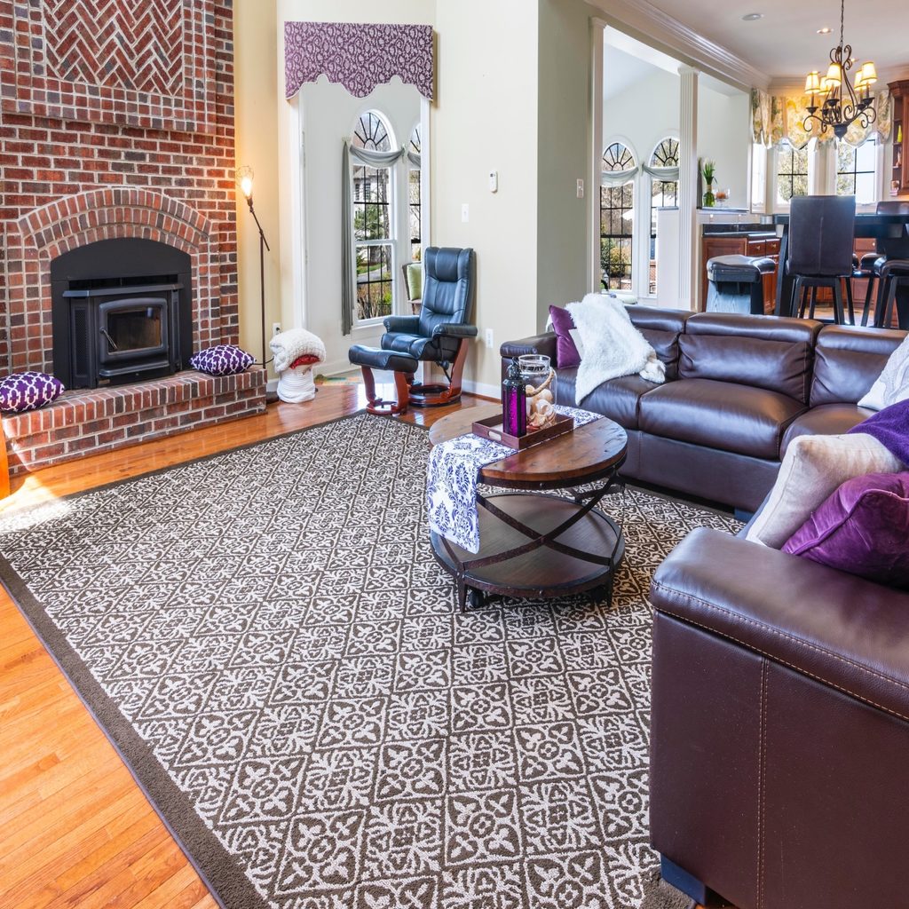 A dark rug on the floor of a light-colored living room.