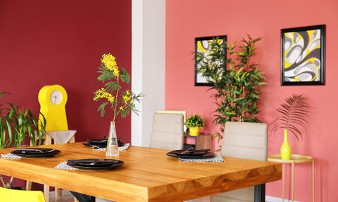 Dining room with red and pink walls with a wooden table