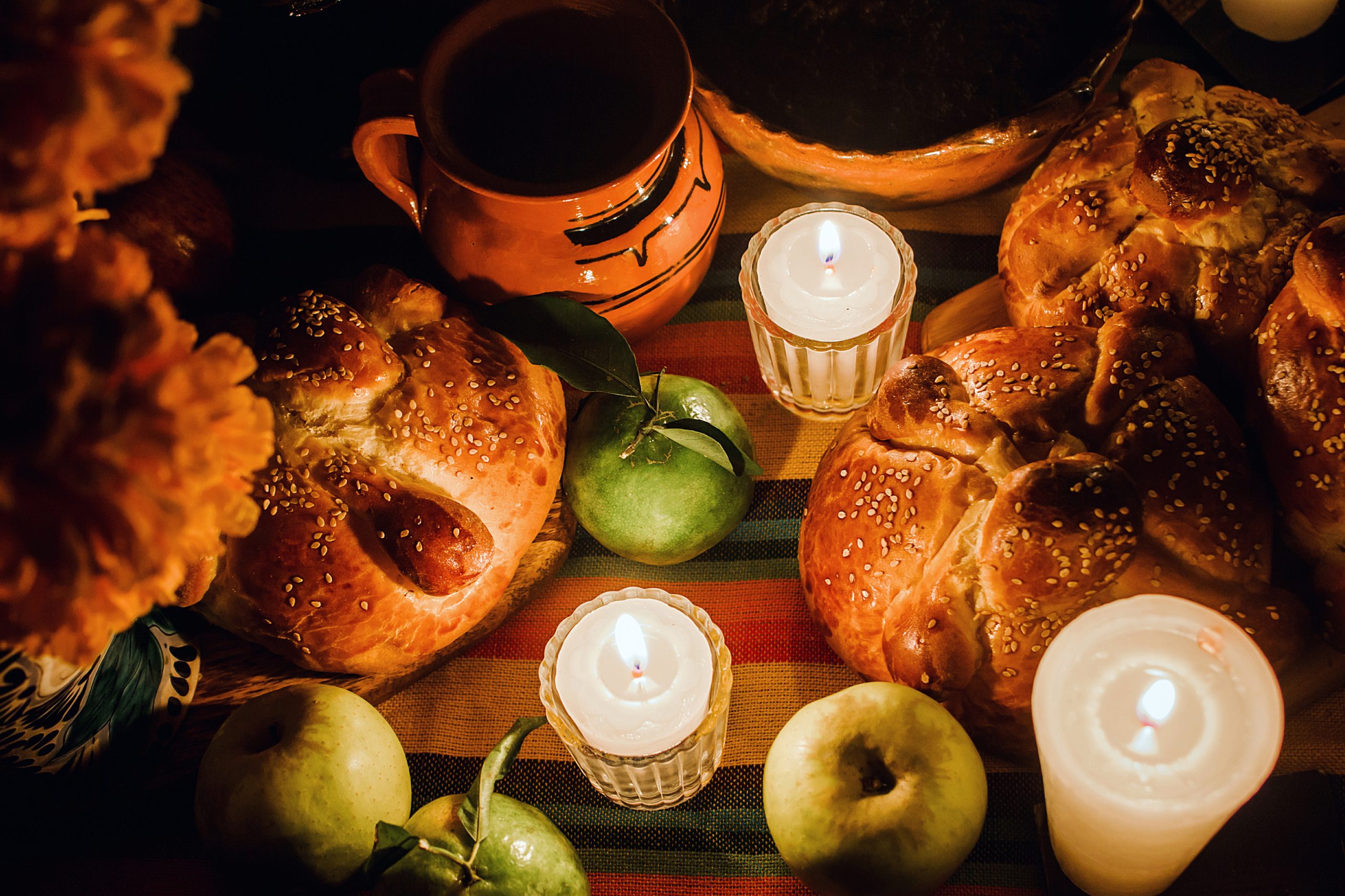ofrenda with food offerings for dia de los muertos