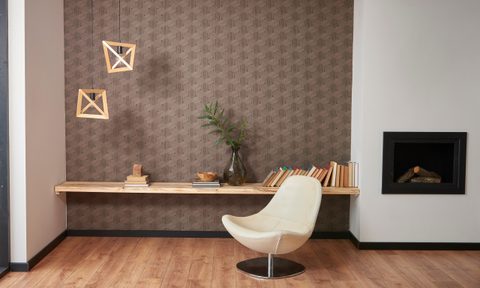 wallpaper flanking a fireplace