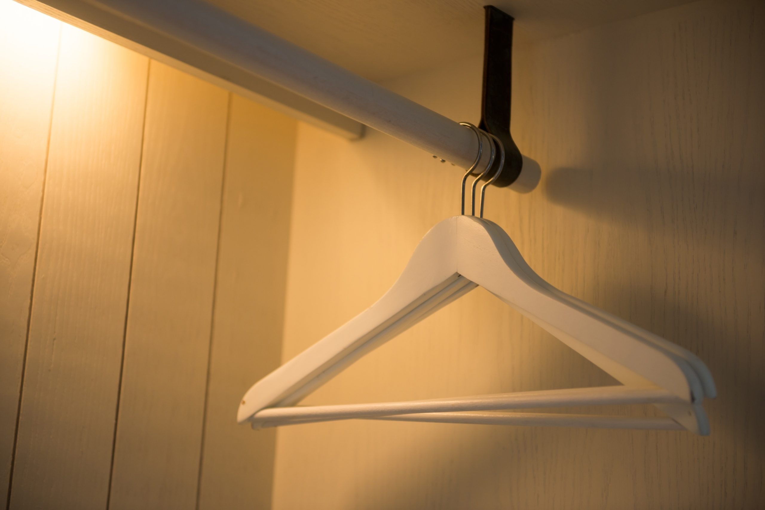 hangers in closet near light