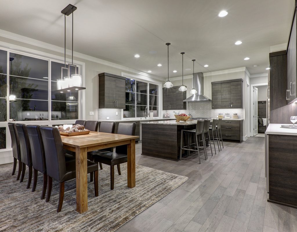 All gray open concept floor plan with dining room set
