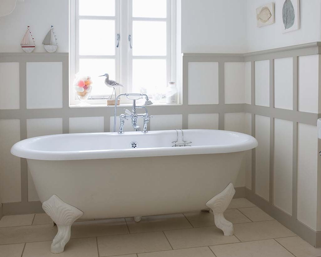 White bathroom with gray trim