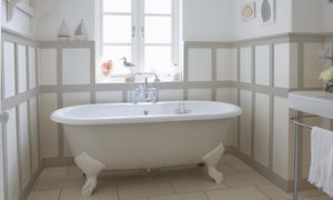 White bathroom with gray trim