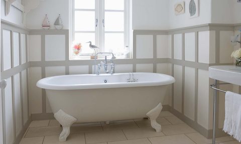White bathroom with gray trim