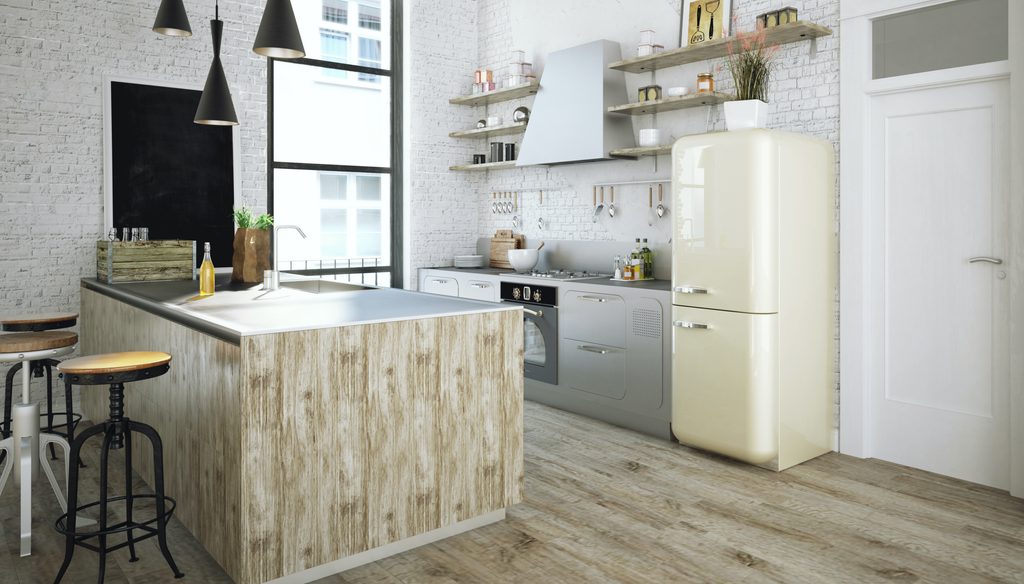 vintage style white kitchen with retro fridge
