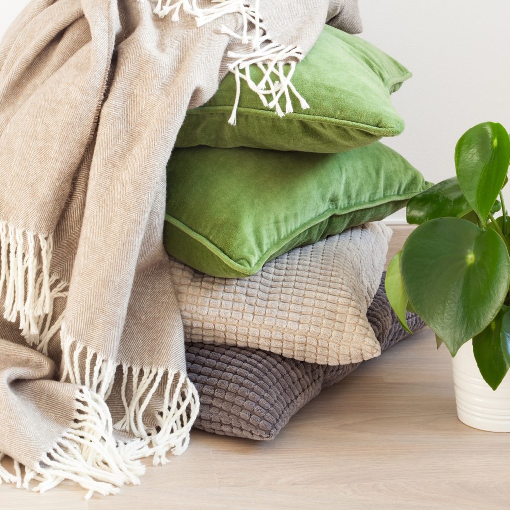 stack of pillows with tasseled blanket and plant