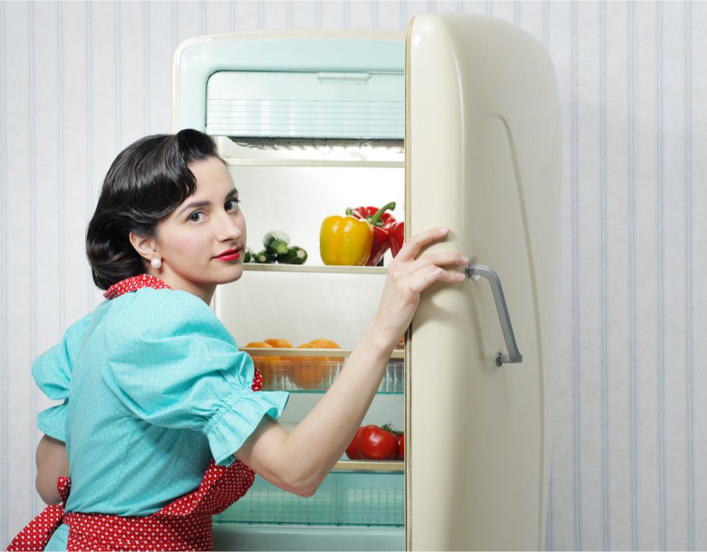 woman in 50s garb in front of vintage refrigerator