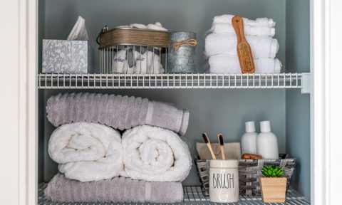 Neatly organized bathroom shelves