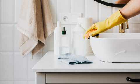 Cleaning tools and products on a counter
