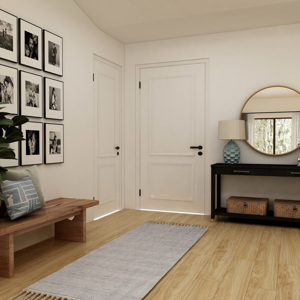 elegant entryway created in open concept room