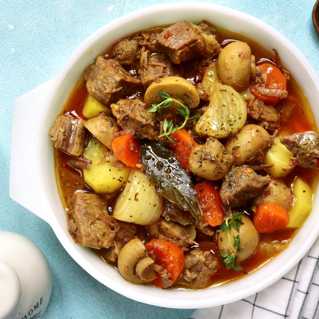 Crock pot dish of potatoes and meat