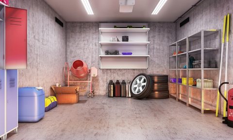 A clean garage interior with storage